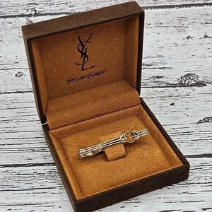 RARE Yves Saint Laurent YSL logo amber transparent window gold tone tie clip